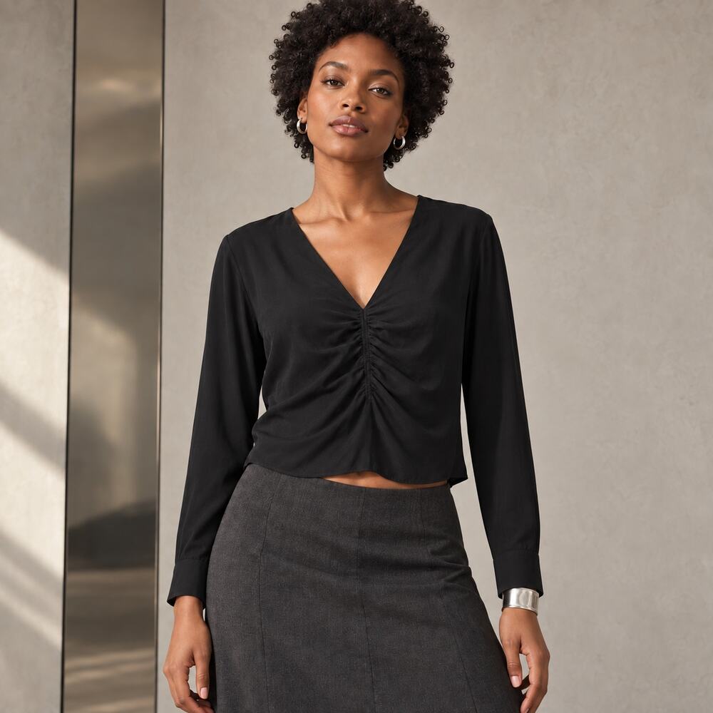 Madewell Top WMNS 0 Black Ruched V Neck Long Sleeve Cupro 90s Modern Romantic